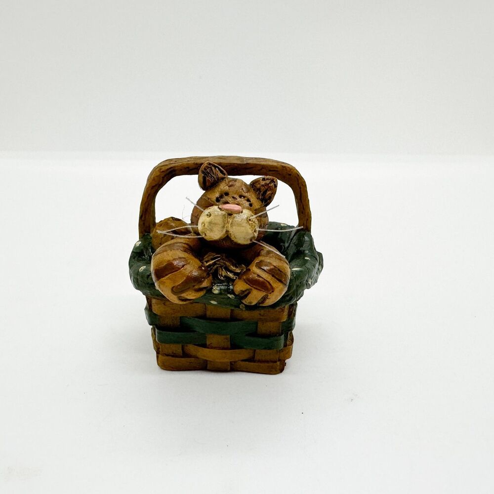Vintage Blossom Bucket Tabby Cat Picnic Basket Figurine